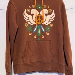 Lucky Brand Brown Hoodie with PEACE/FLORAL Graphic. Unique find! Women’s XL. $33